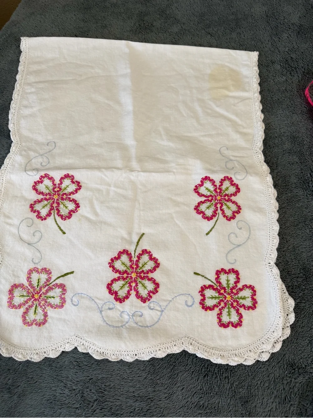 Embroidered Floral Linen Doily - Pink & Green